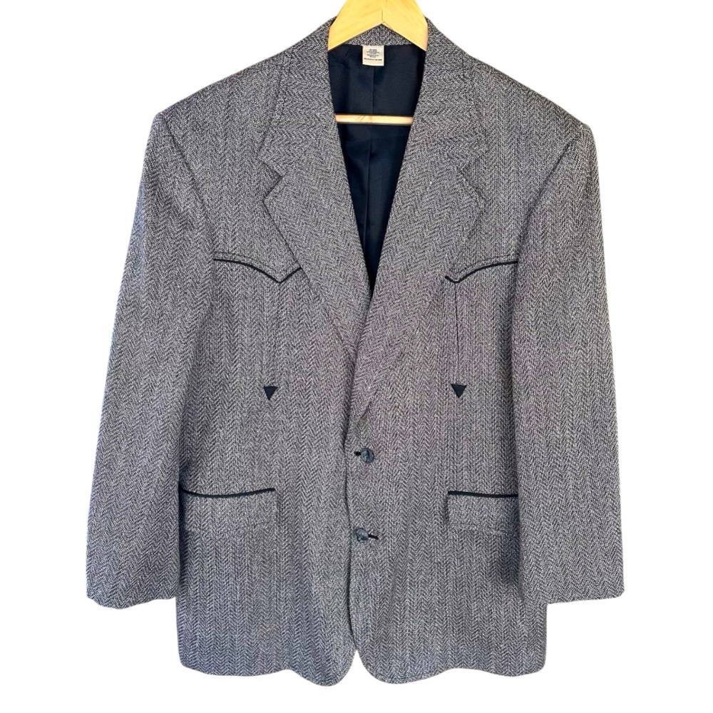 VTG Pendleton Men’s Western Blazer Sz 44L Herringbone Black Grey Wool Silk EUC